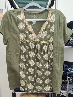 St. John's Bay Olive Green Embroidered V-Neck Tunic